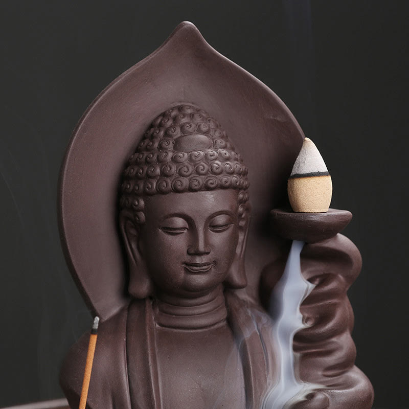 Brûleur d’Encens à Reflux Bouddha en Argile Pourpre – Design Lotus