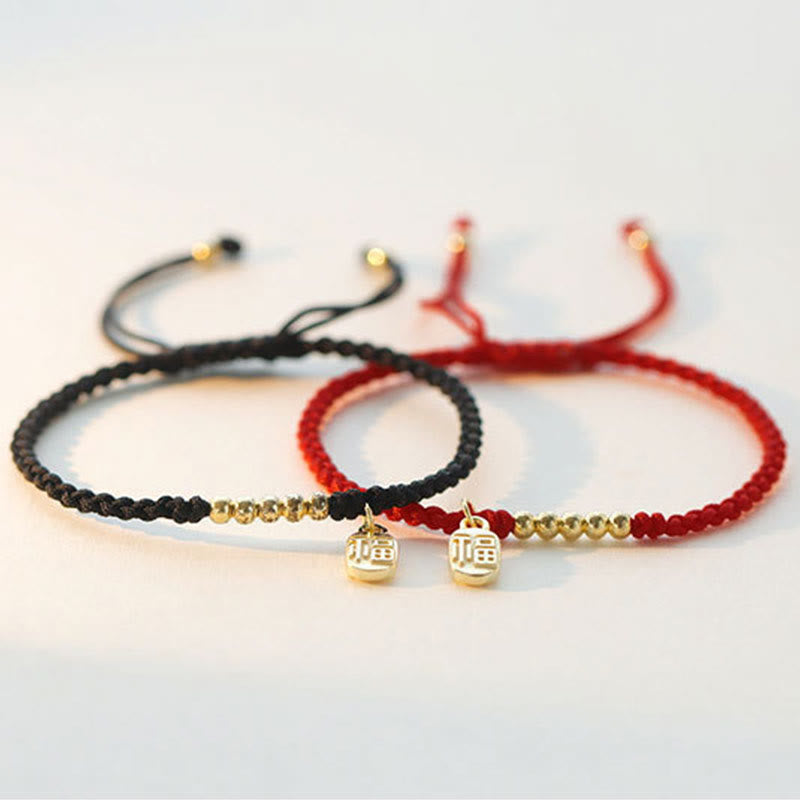 Bracelet Fil Rouge avec Symbole Fu (福) en Cuivre