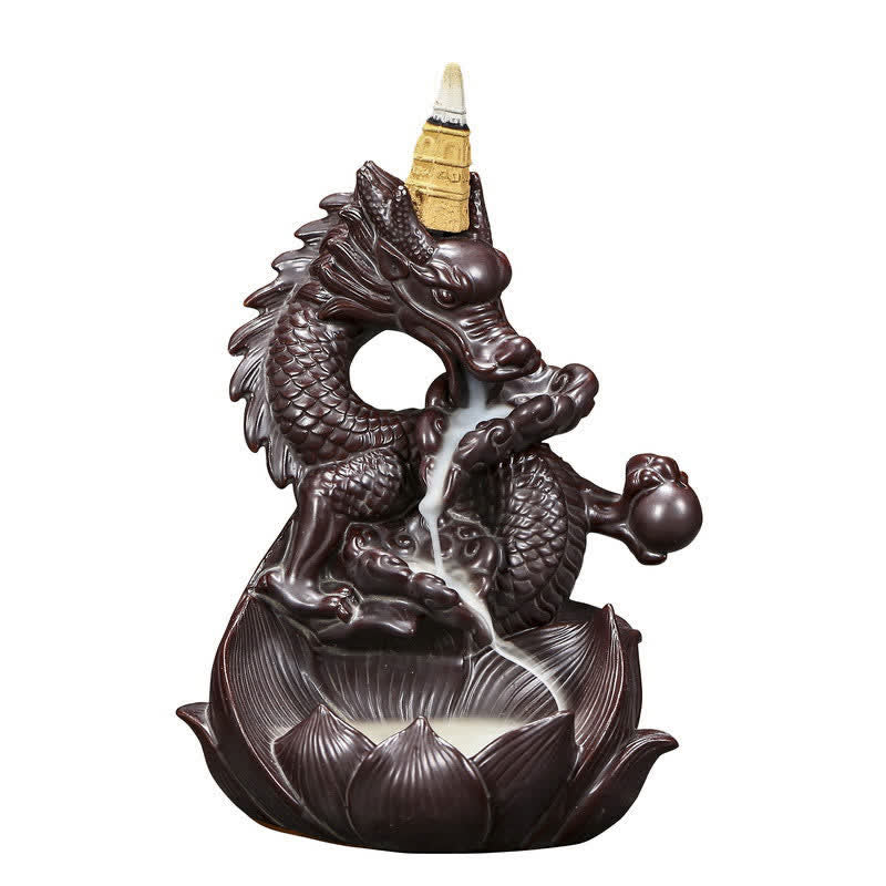 Brûleur d'encens en céramique à motif de dragon et de lotus