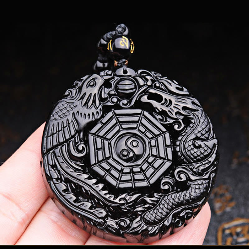 Pendentif Bagua Dragon & Phénix en Obsidienne Noire Naturelle