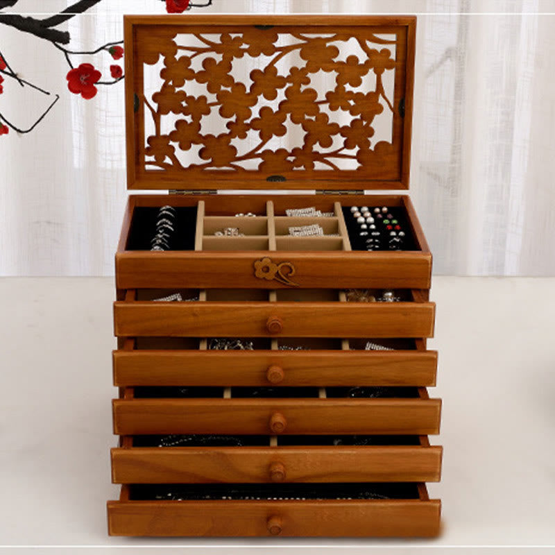 Boîte à bijoux en bois sculpté à six niveaux avec Buddha Stones et fleur de prunier vintage
