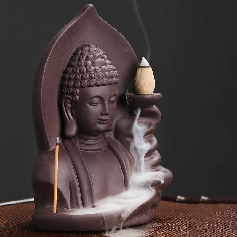 Brûleur d’Encens à Reflux Bouddha en Argile Pourpre – Design Lotus