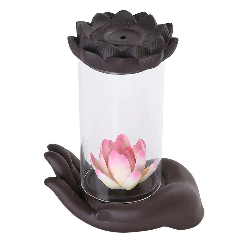 Porte-Encens Main de Bouddha Lotus Éveil en Argile Pourpre avec LED