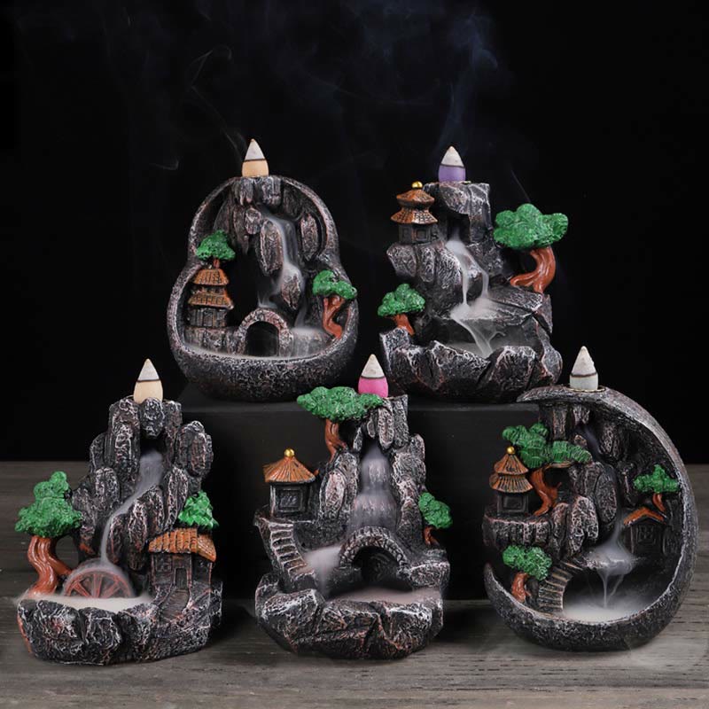 Brûleur d'encens à reflux en résine de méditation à motif de ponts de montagne