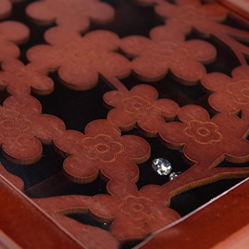 Boîte à bijoux en bois sculpté à six niveaux avec Buddha Stones et fleur de prunier vintage