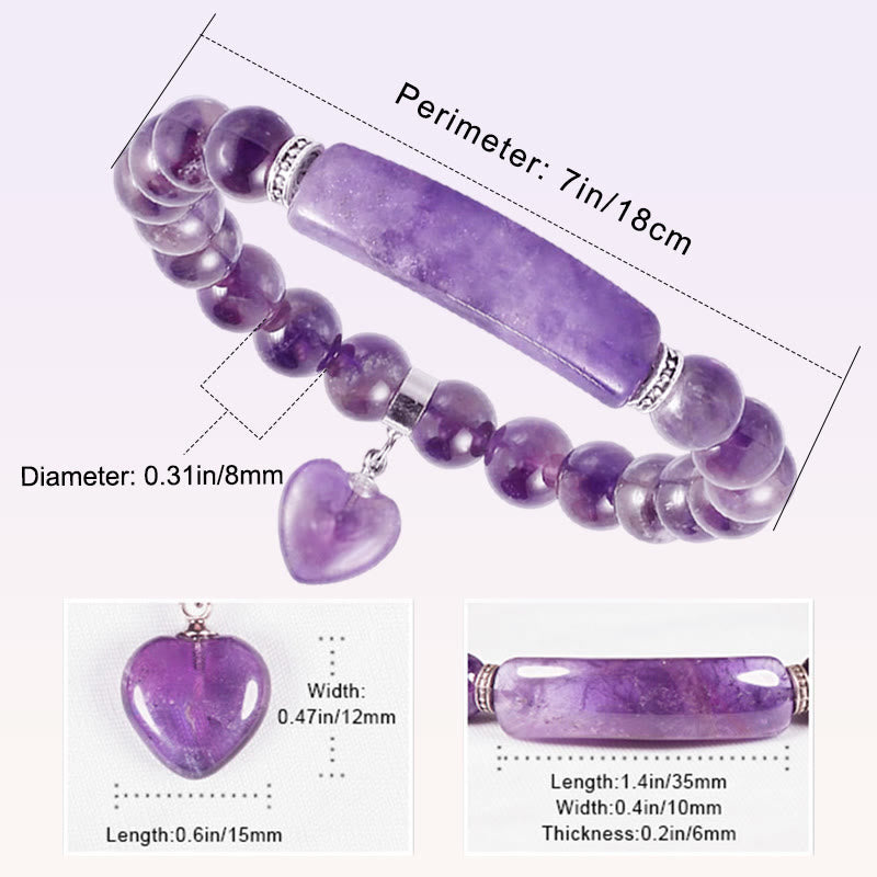 Bracelet en Améthyste Naturelle Forme Cœur 8 mm, Perles Artisanales