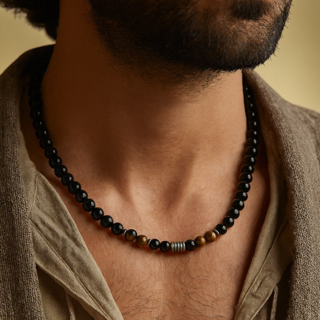 Collier Bouclier de Sagesse en Obsidienne Noire & Oeil de Tigre