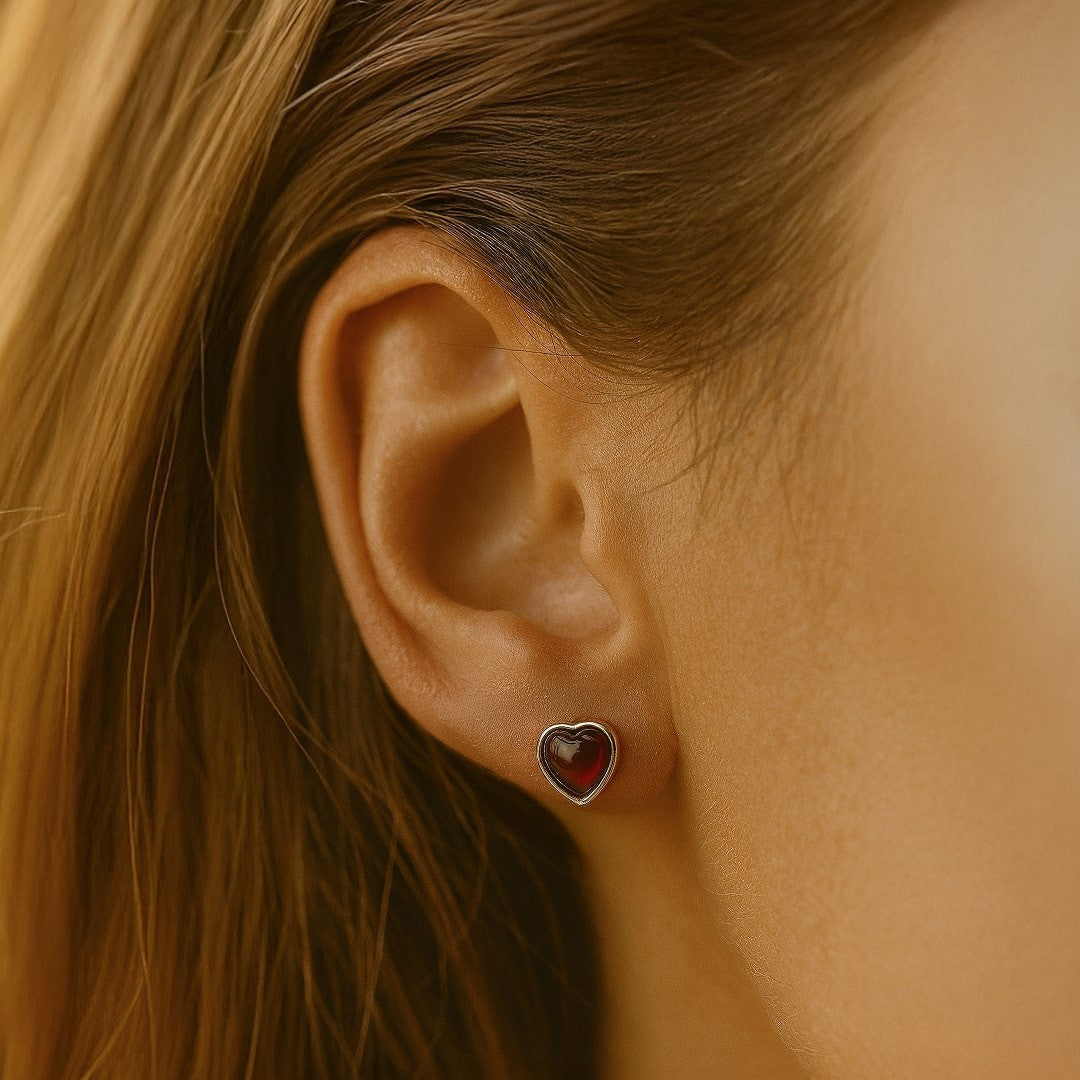 Boucles d'Oreilles Coeur Passion en Grenat & Argent