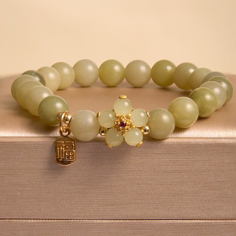 Bracelet Porte-Bonheur en Jade Vert & Symbole Fu