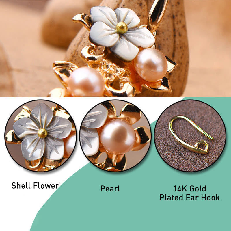 Boucles d’Oreilles Pendantes Fleur en Tridacna & Perle d’Eau Douce – Plaqué Or 14 Carats