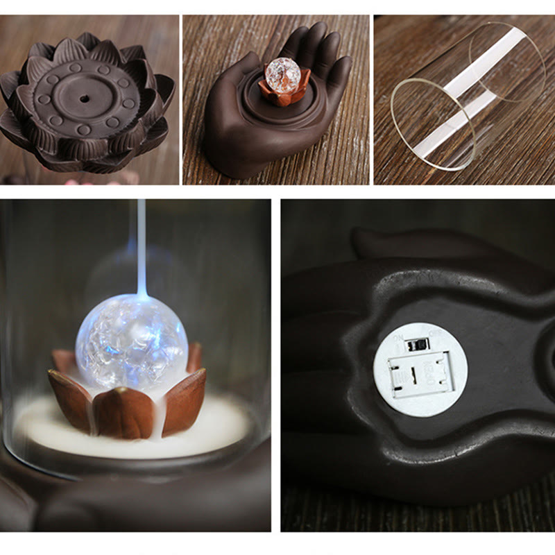 Porte-Encens Main de Bouddha Lotus Éveil en Argile Pourpre avec LED