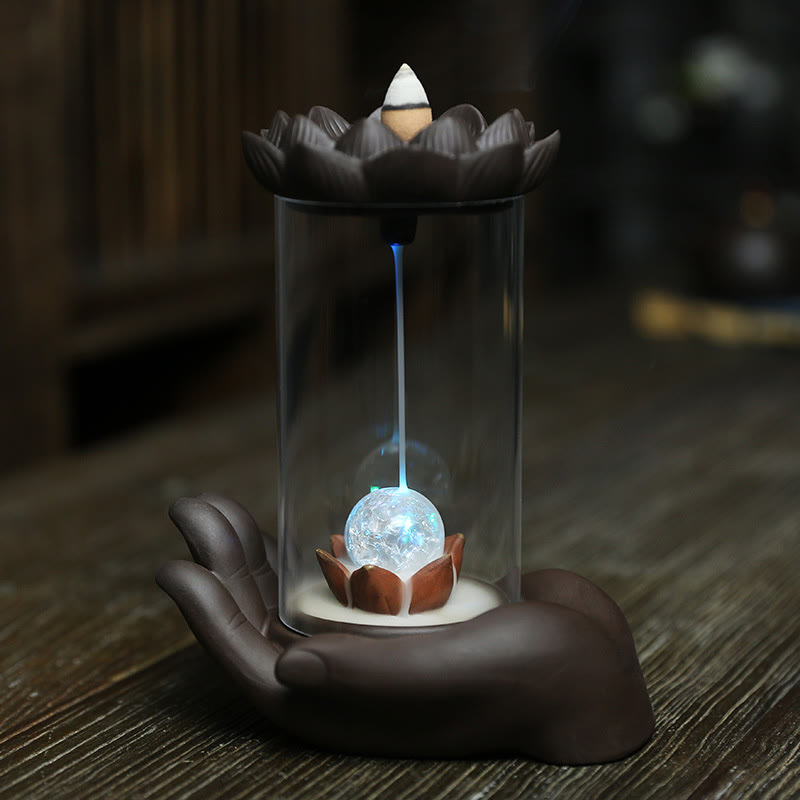 Porte-Encens Main de Bouddha Lotus Éveil en Argile Pourpre avec LED