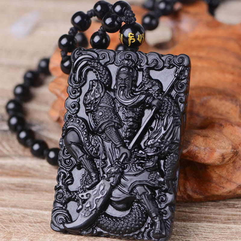 Pendentif Guan Gong en Obsidienne Noire Naturelle