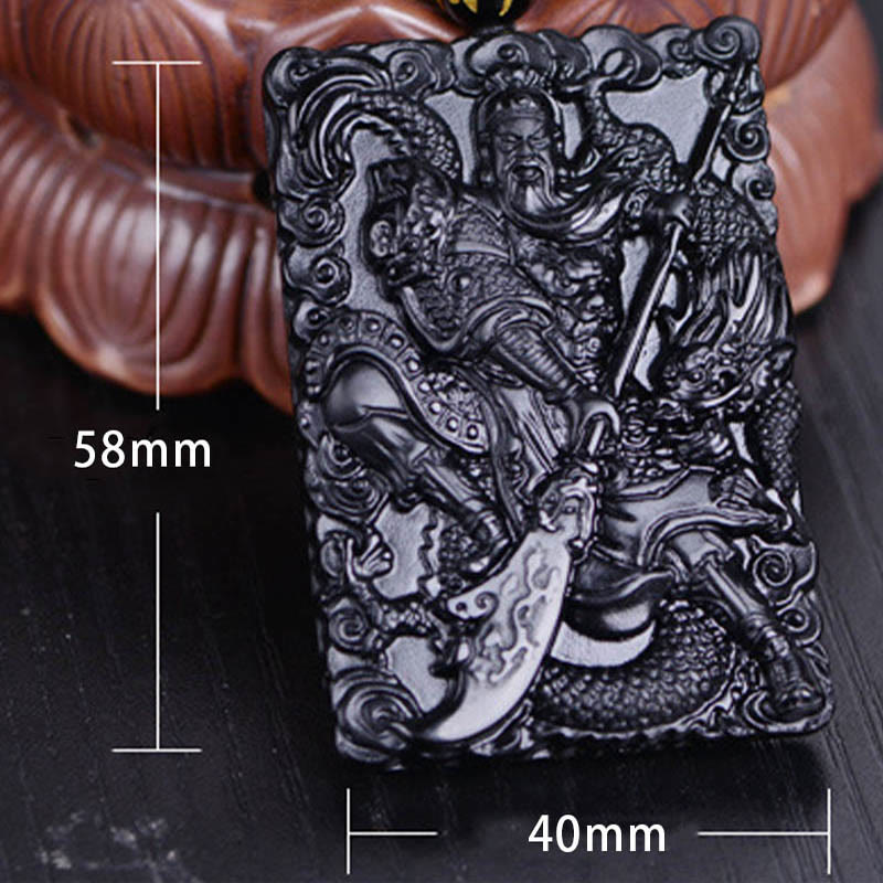 Pendentif Guan Gong en Obsidienne Noire Naturelle