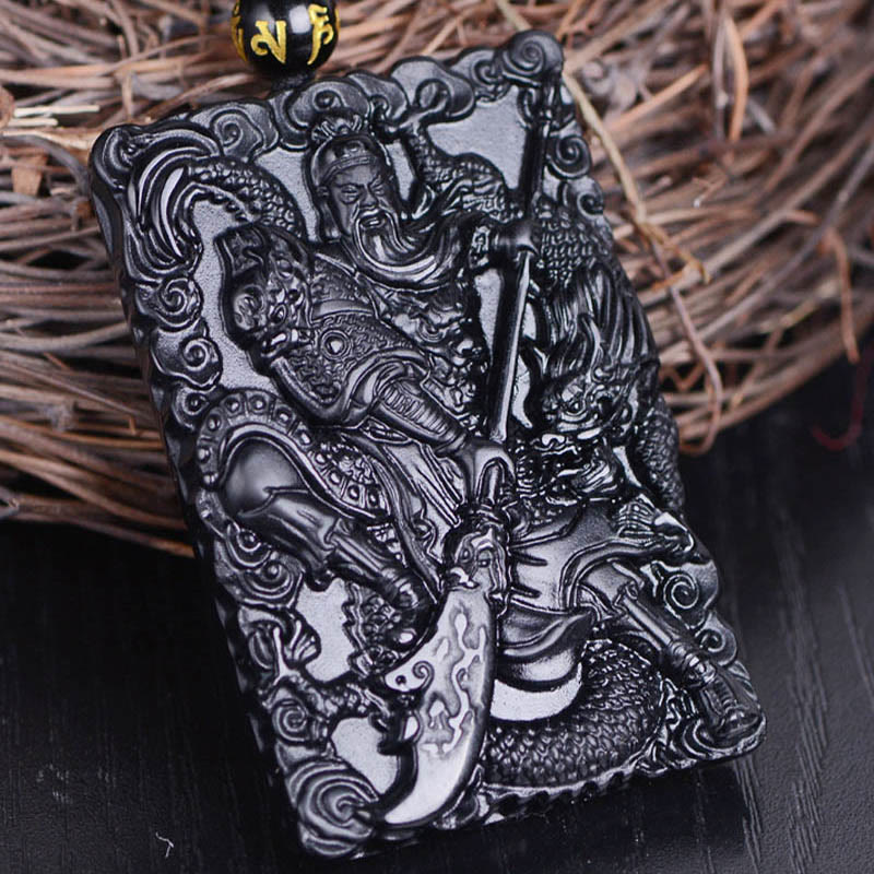 Pendentif Guan Gong en Obsidienne Noire Naturelle