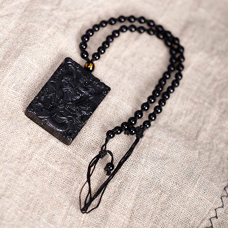 Pendentif Guan Gong en Obsidienne Noire Naturelle