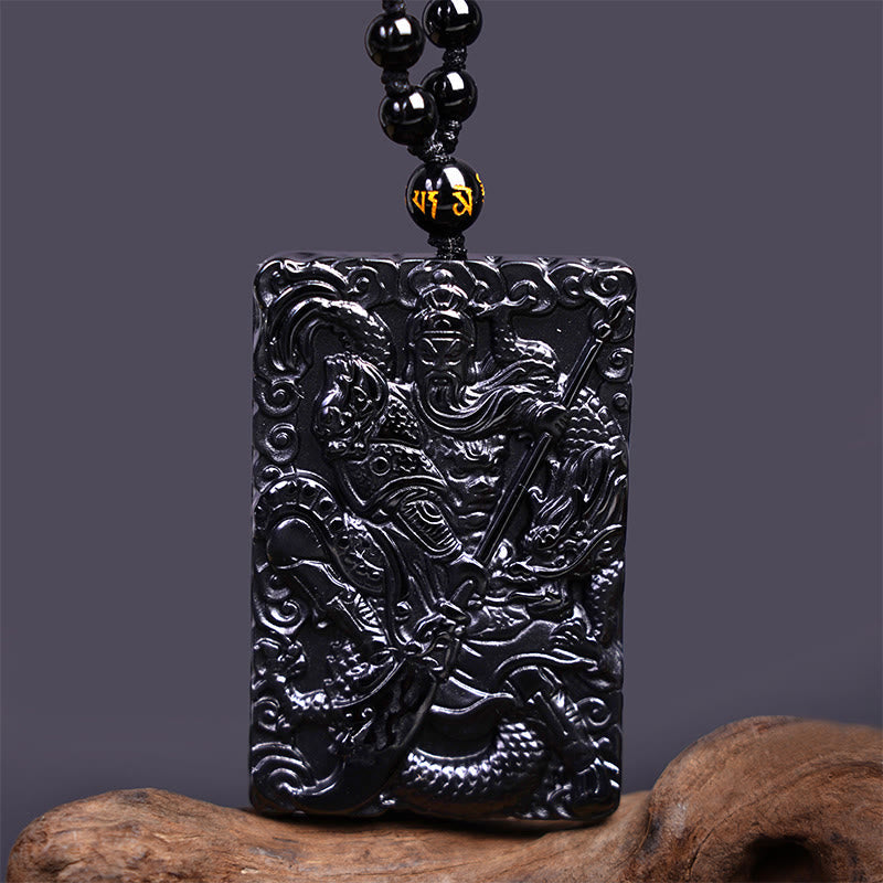 Pendentif Guan Gong en Obsidienne Noire Naturelle