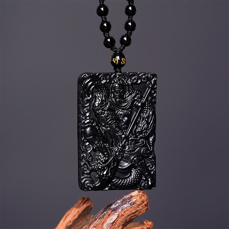 Pendentif Guan Gong en Obsidienne Noire Naturelle