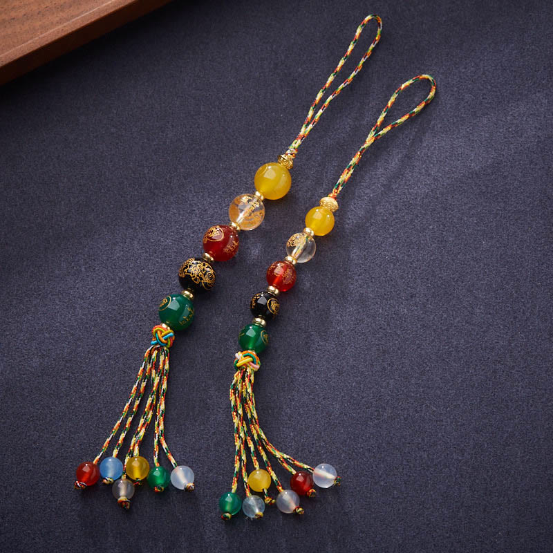 — Suspension Voiture 5 Dieux de la Richesse en Agate Naturelle — Bijou Spirituel Tibétain (8 mm / 10 mm)