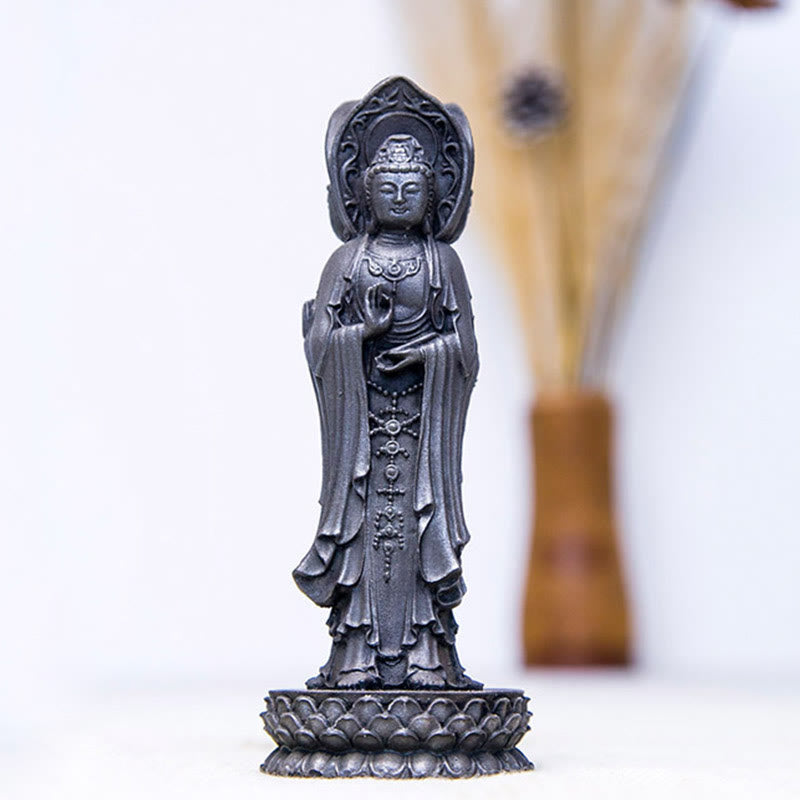 Statue de Buddha Stones en résine coulée à trois côtés Kwan Yin Avalokitesvara en poudre de fer et rouille Décoration de bureau