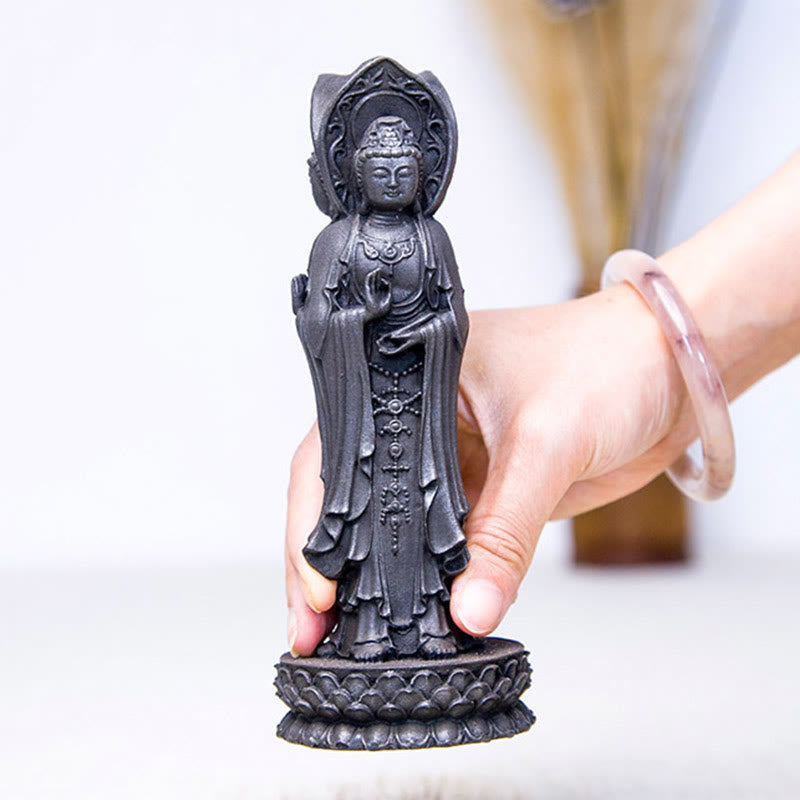 Statue de Buddha Stones en résine coulée à trois côtés Kwan Yin Avalokitesvara en poudre de fer et rouille Décoration de bureau