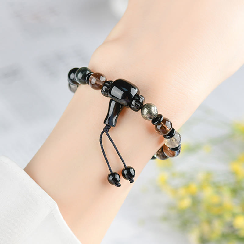 Bracelet Sagesse des Cinq Éléments en Obsidienne Noire – Perles 8 mm