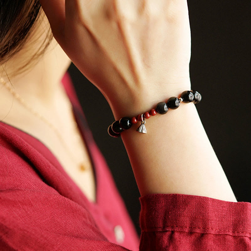 Bracelet Force Protectrice en Obsidienne Noire & Lotus – Perles 6 ou 8 mm