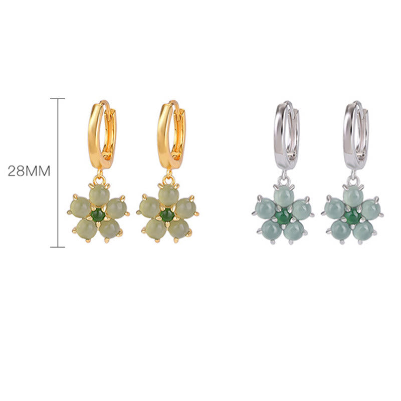 Boucles d’Oreilles Fleur en Jade Vert Naturel & Argent 925 Plaqué Or