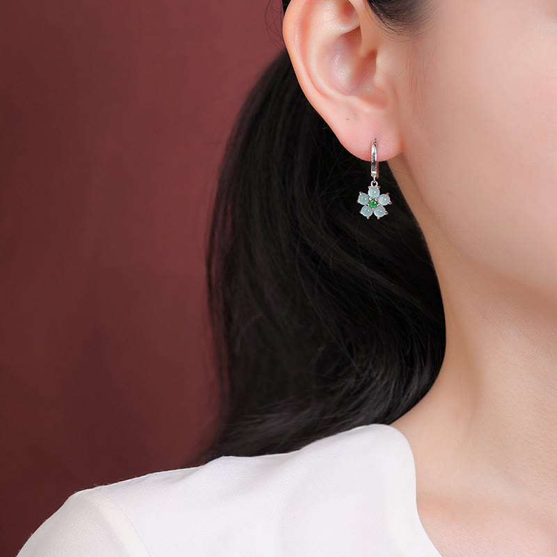 Boucles d’Oreilles Fleur en Jade Vert Naturel & Argent 925 Plaqué Or