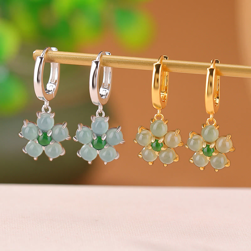 Boucles d’Oreilles Fleur en Jade Vert Naturel & Argent 925 Plaqué Or