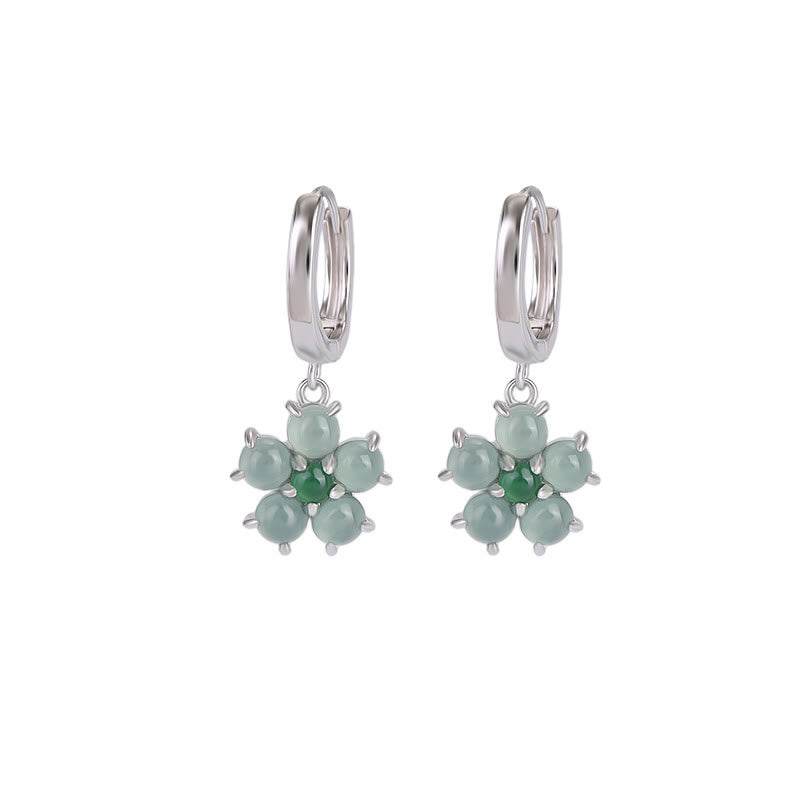 Boucles d’Oreilles Fleur en Jade Vert Naturel & Argent 925 Plaqué Or