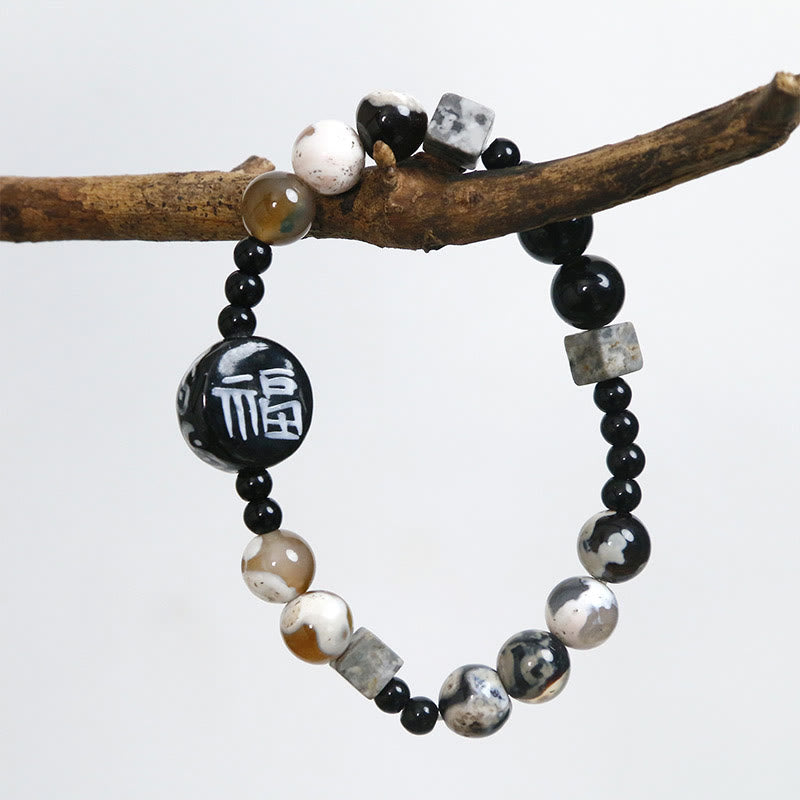 Bracelet en Agate & Onyx Noir 8 mm avec Symbole Fu (Protection & Fortune)