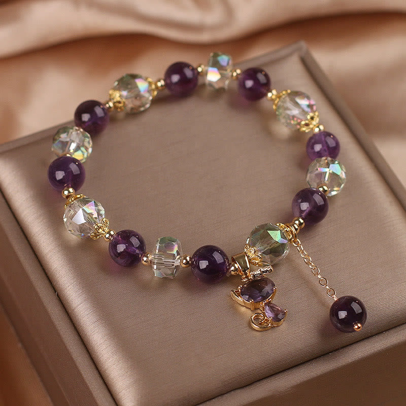 Bracelet Méditation en Améthyste & Quartz Clair avec Breloque Renard | Sérénité & Clarté Symbolique