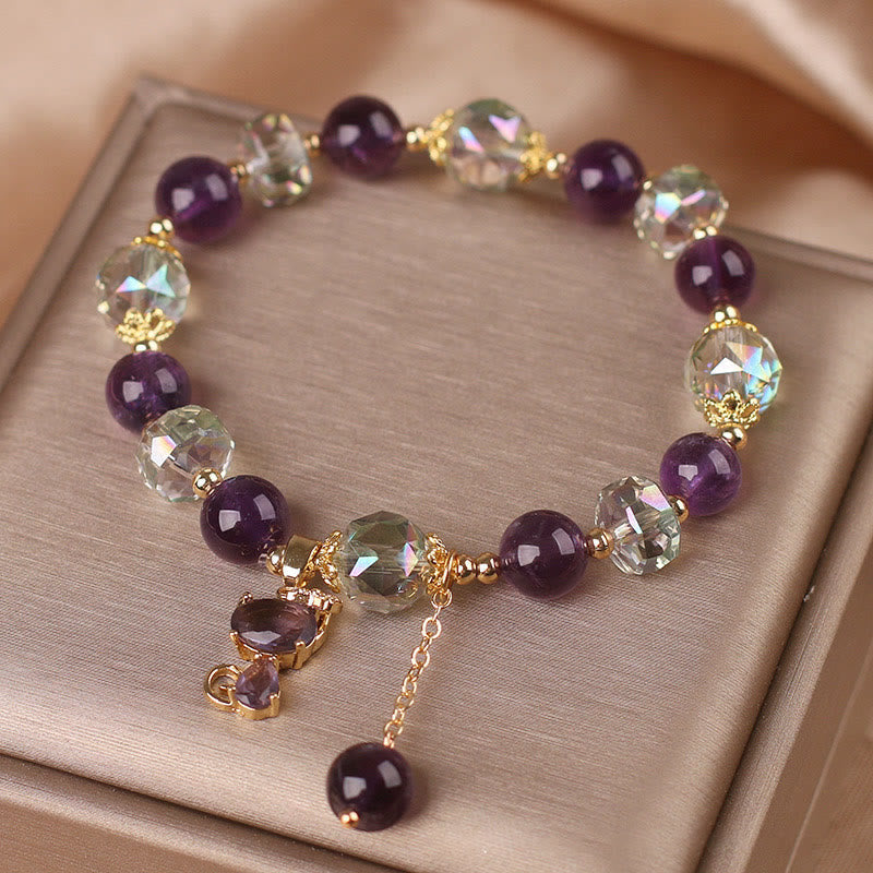 Bracelet Méditation en Améthyste & Quartz Clair avec Breloque Renard | Sérénité & Clarté Symbolique