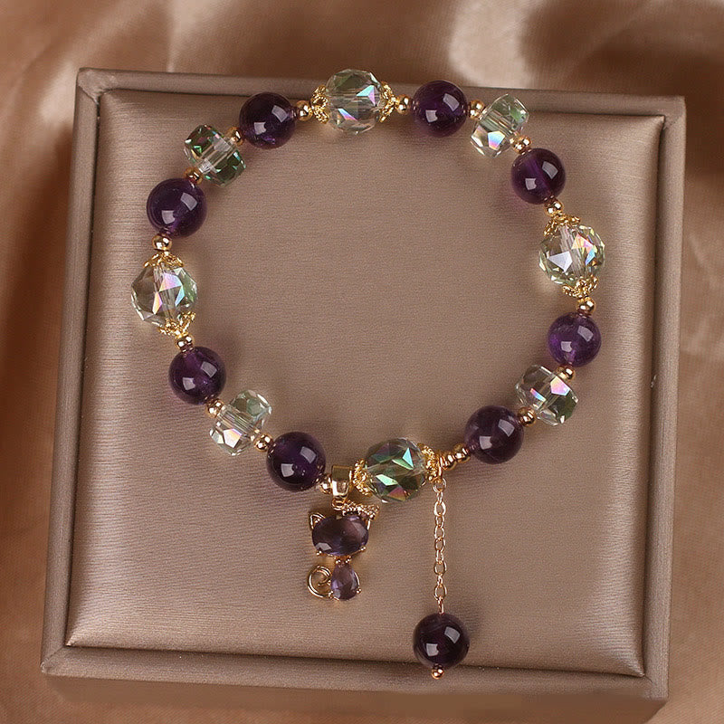 Bracelet Méditation en Améthyste & Quartz Clair avec Breloque Renard | Sérénité & Clarté Symbolique