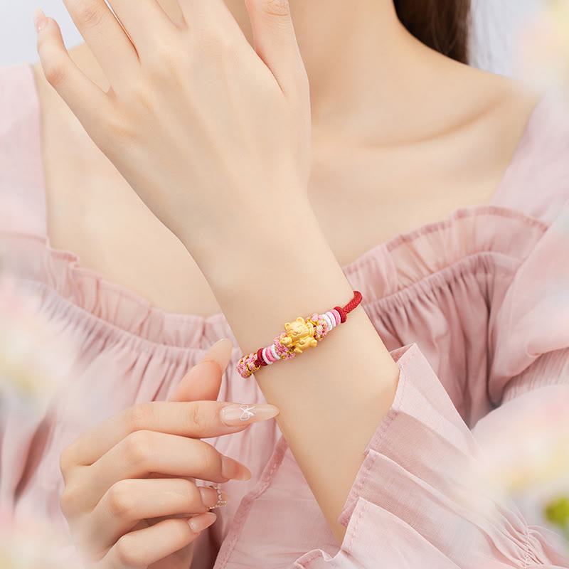 Bracelet Fil Rouge avec Charm Chat Porte-Bonheur en Argent Sterling 999