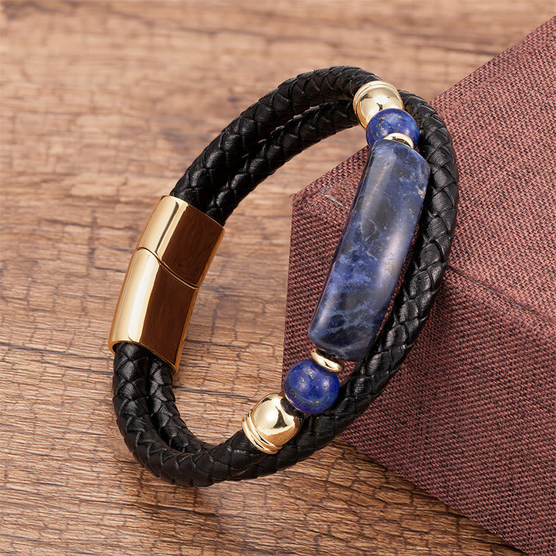 Bracelet en Cuir & Pierre Naturelle Œil de Tigre Doré, Fermoir Magnétique