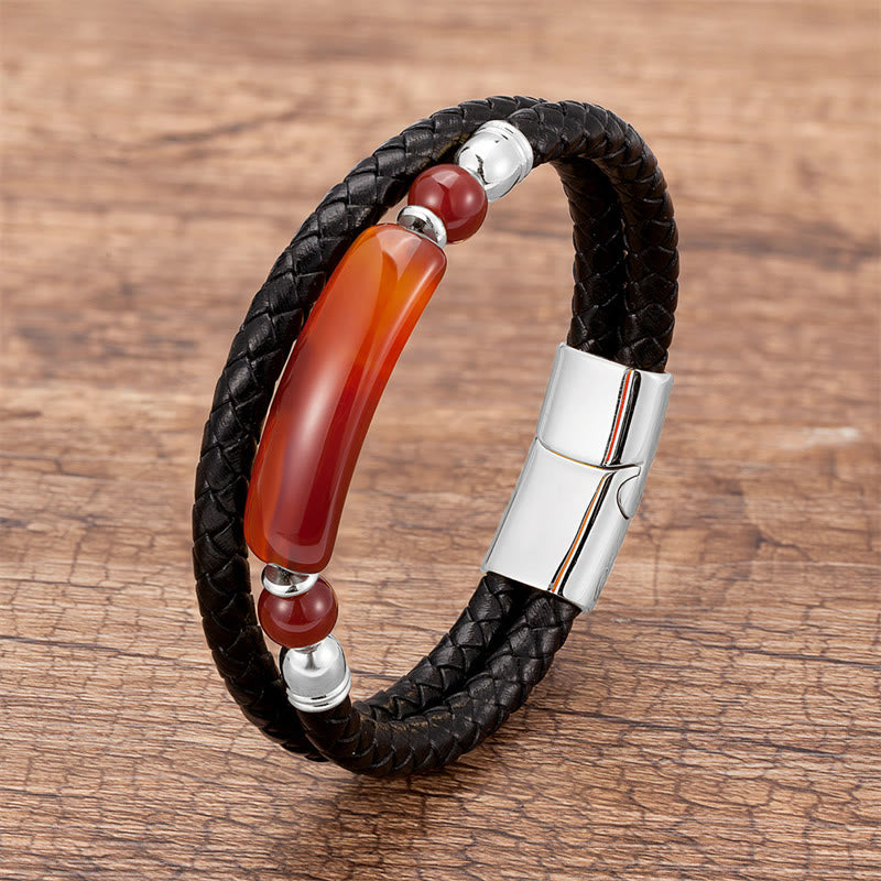Bracelet en Cuir & Pierre Naturelle Œil de Tigre Doré, Fermoir Magnétique
