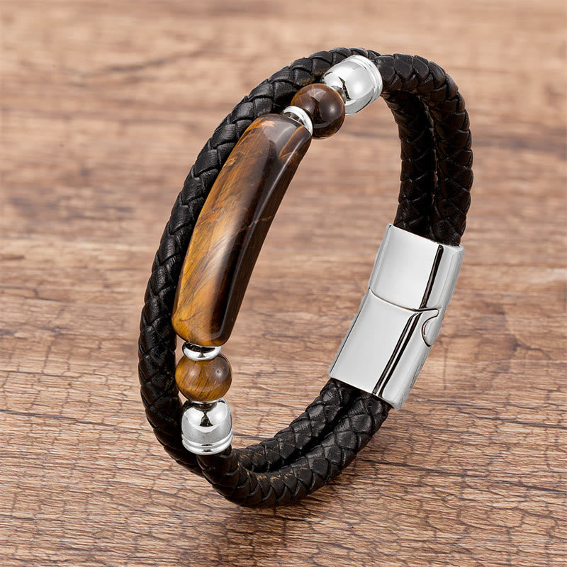 Bracelet en Cuir & Pierre Naturelle Œil de Tigre Doré, Fermoir Magnétique