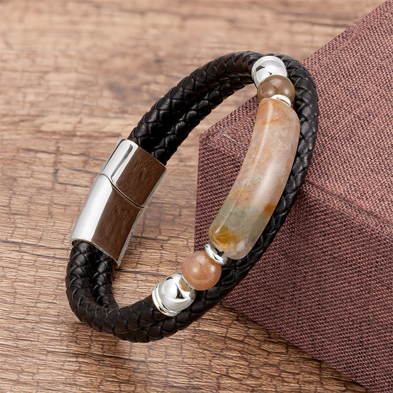 Bracelet en Cuir & Pierre Naturelle Œil de Tigre Doré, Fermoir Magnétique