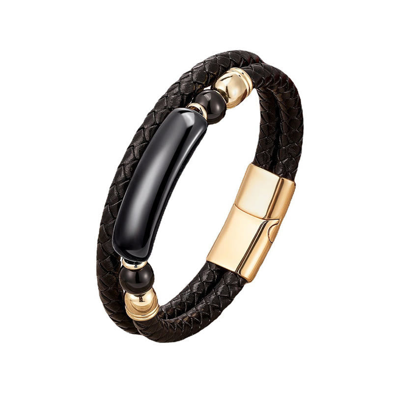 Bracelet en Cuir & Pierre Naturelle Œil de Tigre Doré, Fermoir Magnétique
