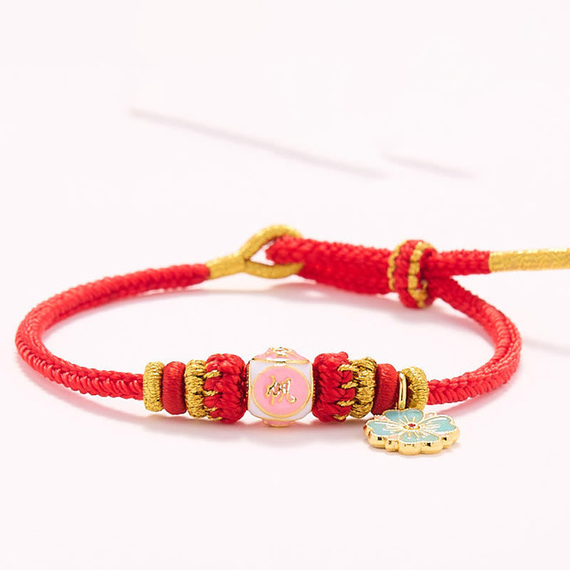 Bracelet de Protection Fleur de Pêcher en Cuivre Plaqué Or & Fil Rouge