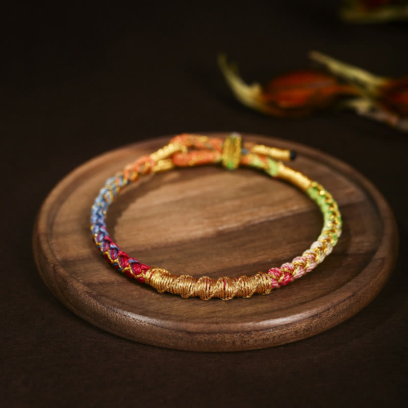 Bracelet Tibétain en Fil Doré & Fil Rouge, Nœud Écailles de Dragon Ajustable