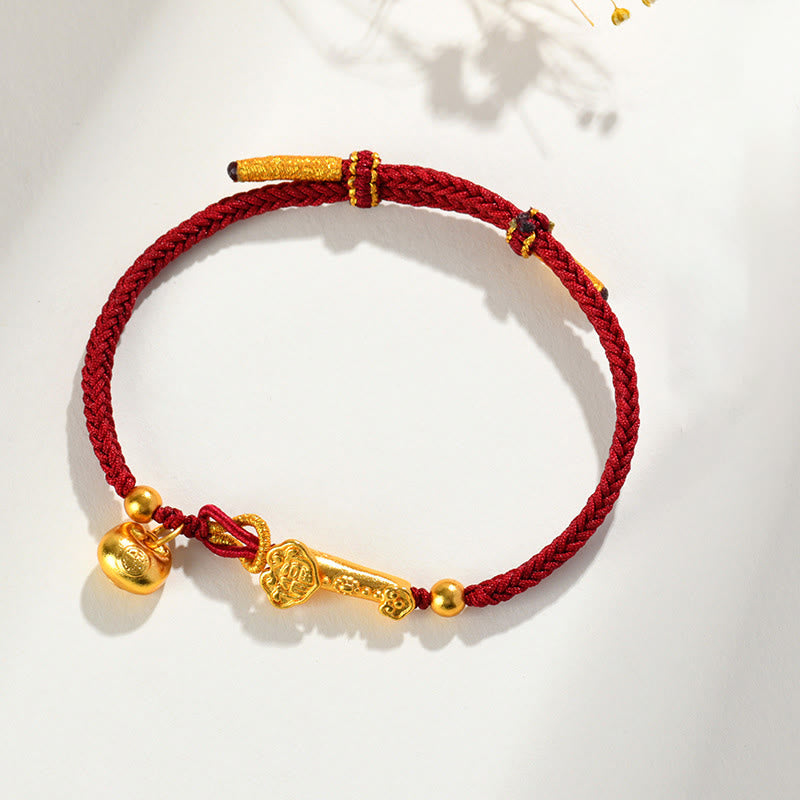 Bracelet Tressé Porte-Bonheur Fil Rouge Fu & Bâton Ruyi