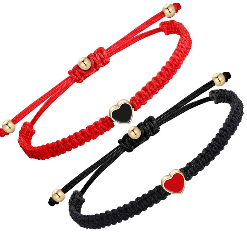 Bracelets Couple Cœur en Fil Rouge Tressé, Ajustables