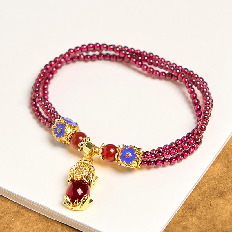 Bracelet Pixiu Purification Multicouche en Grenat Naturel 3 mm | Protection & Abondance Symbolique