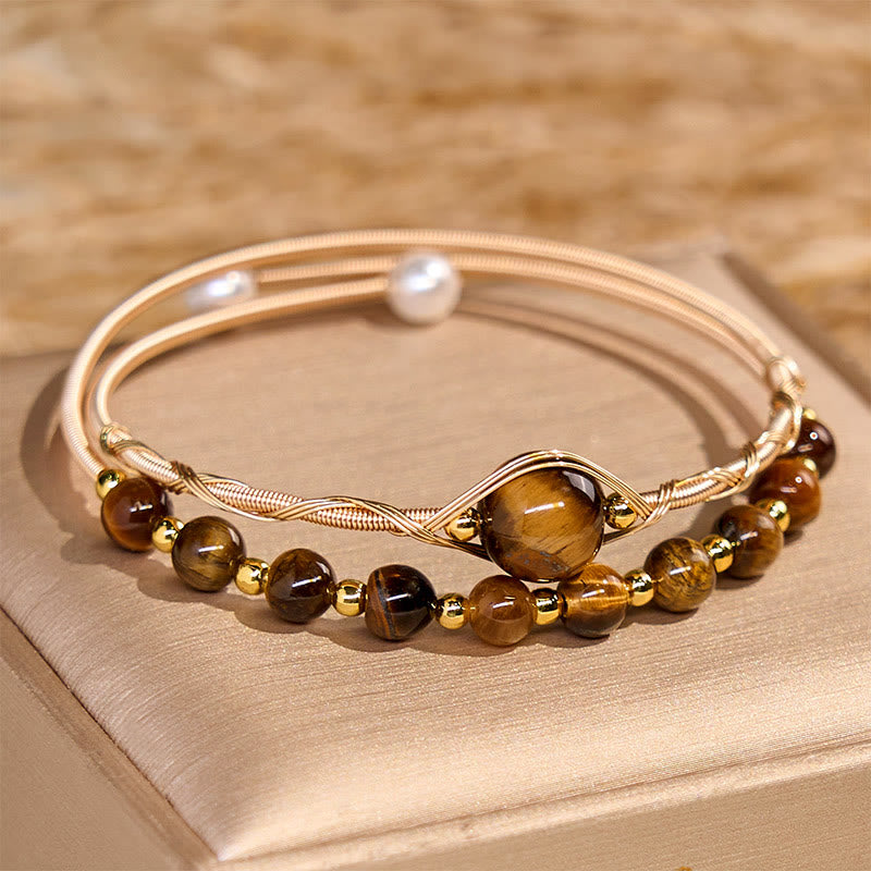 Bracelet Manchette en Œil de Tigre Naturel & Cuivre Gold Filled 14 Carats | Protection & Confiance Symbolique