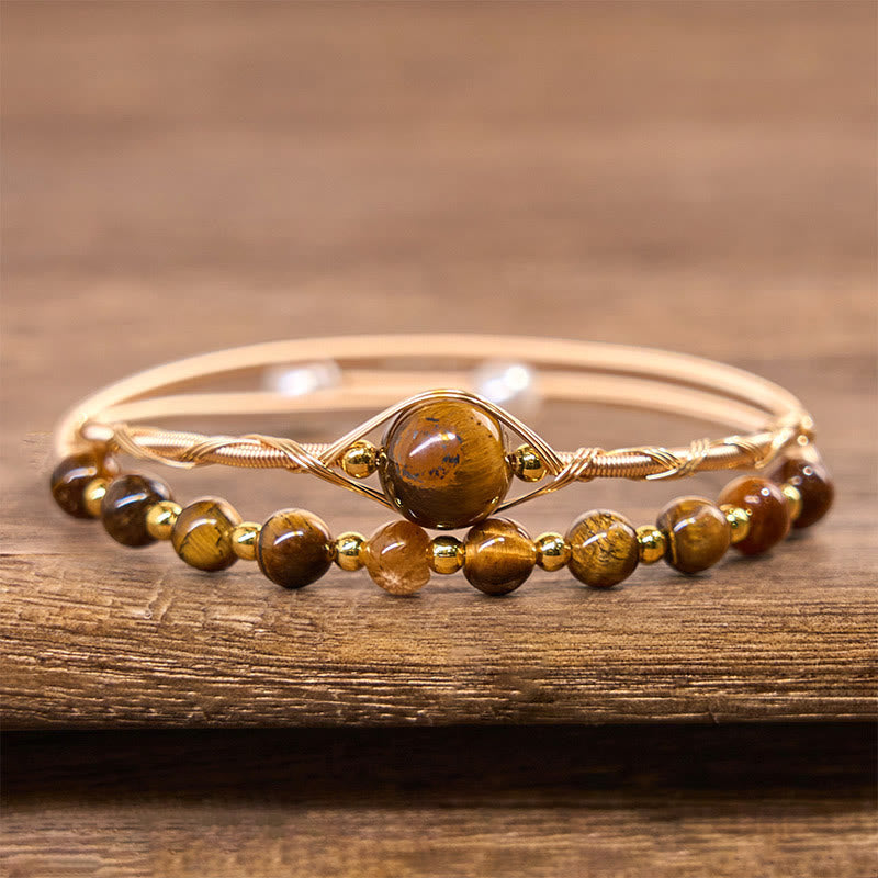 Bracelet Manchette en Œil de Tigre Naturel & Cuivre Gold Filled 14 Carats | Protection & Confiance Symbolique