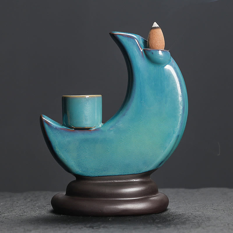 Brûleur d’Encens Lune Croissante Bleu en Céramique à Reflux – 12,2 cm