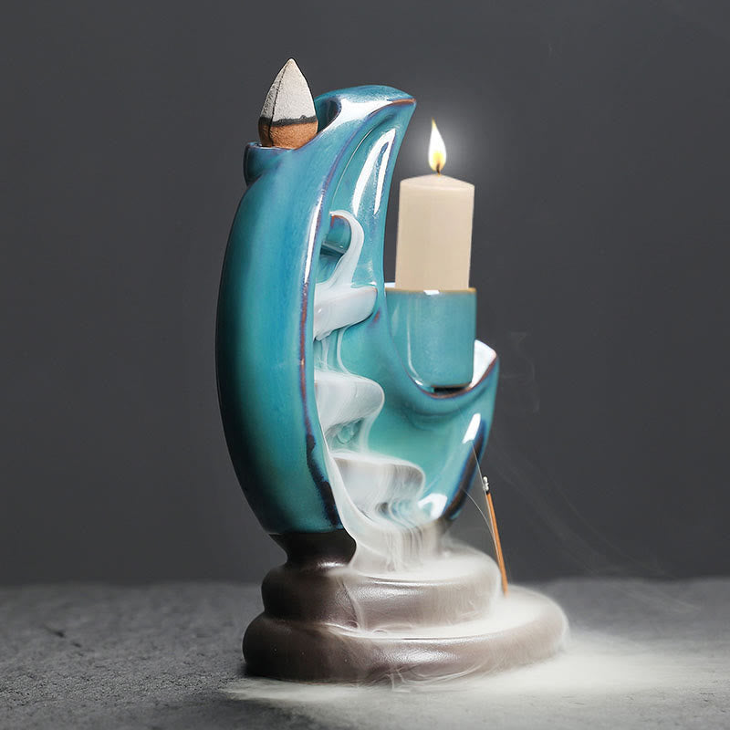 Brûleur d’Encens Lune Croissante Bleu en Céramique à Reflux – 12,2 cm